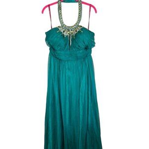 Retro Chiffon Maxi Halter Dress Green 14 Jeweled Festive Holiday Wedding Classic